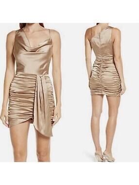 Lavish Alice Satin Cowl Neck Gathered Mini Dress in Bronze